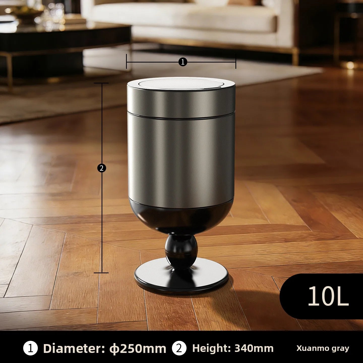 Bedroom large-capacity stainless steel trash can household 2026 new light luxury high-end living room retro with cover removable Oasis Select 10L-grey