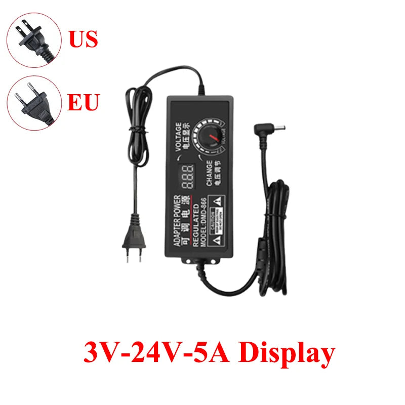 Transfotrmer AC 220V TO DC 12V 24V 5V Adjustable Power Supply Adapter DC 3V-24V Transformers AC 220 V To 12 24 V With 8PCS Plug Oasis Select 3V-24V-5A Display US Plug