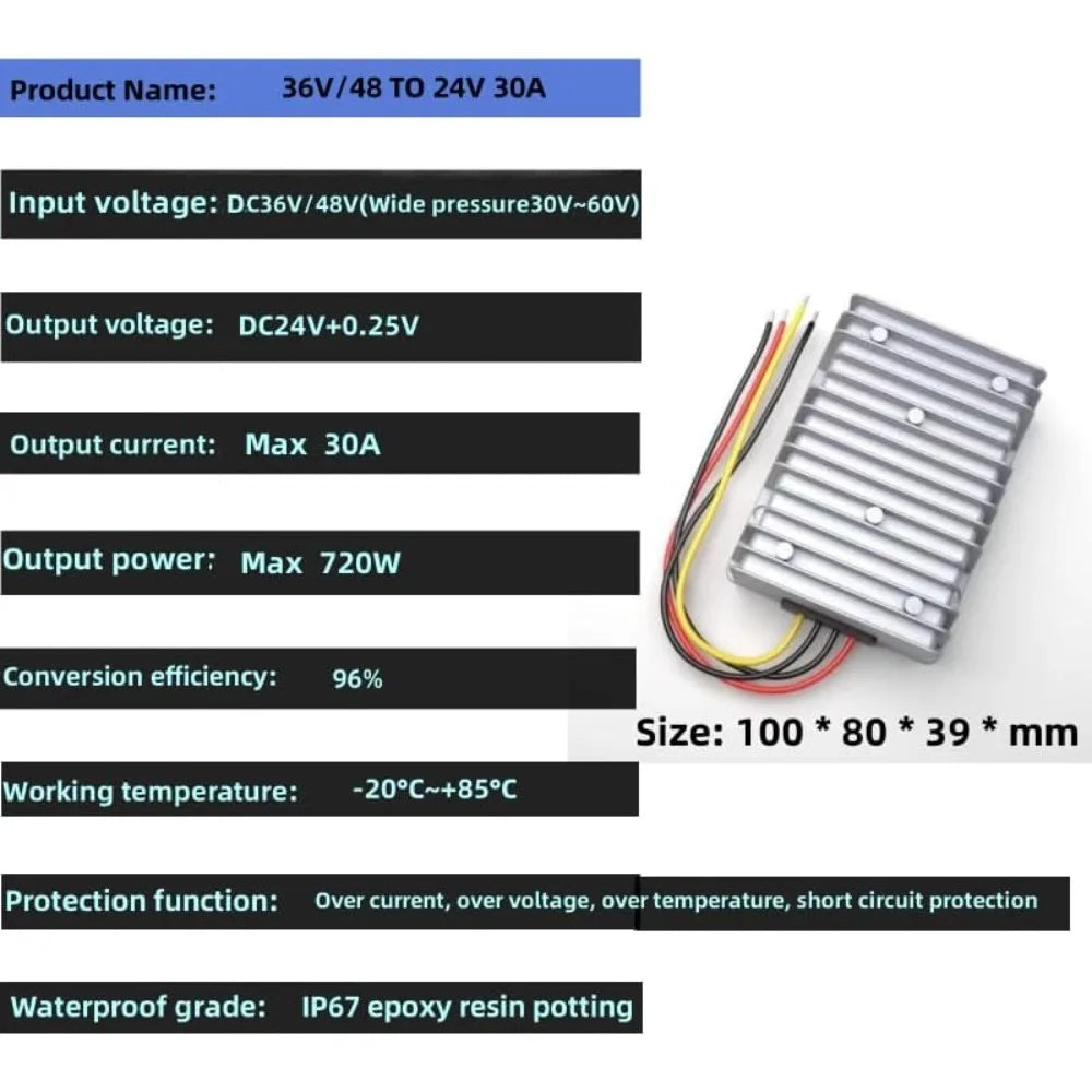 36V 48V to 24V 30A 720W Buck Converter Stabilized Voltage and Reduced Voltage Reduced Power Module for Golf Carts Cars Trucks Oasis Select