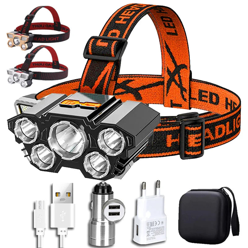 USB Rechargeable Led Five-Head Headlamp Super Bright 18650 Built-in Battery Headlight Portable Head Flashlight Fishing Lantern Oasis Select
