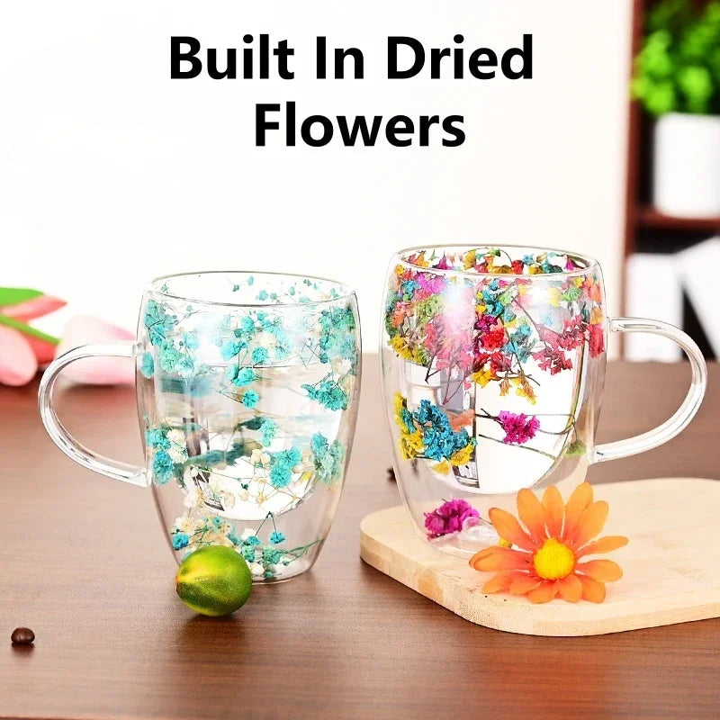 1PCS 300ml Double Wall Glass Cup with Handle Dried Flower Decorated Ins StyleDurable Coffee Milk Mug Heat Resistant Tea Cups Oasis Select