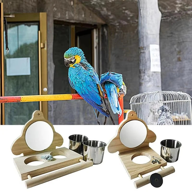 WISH Parrot Perch Wooden Parakeet Mirror Toy Bird Parrot Perch With Mirror And Feeding Cups Cage Play Toy For Lovebird Oasis Select Wood Color A