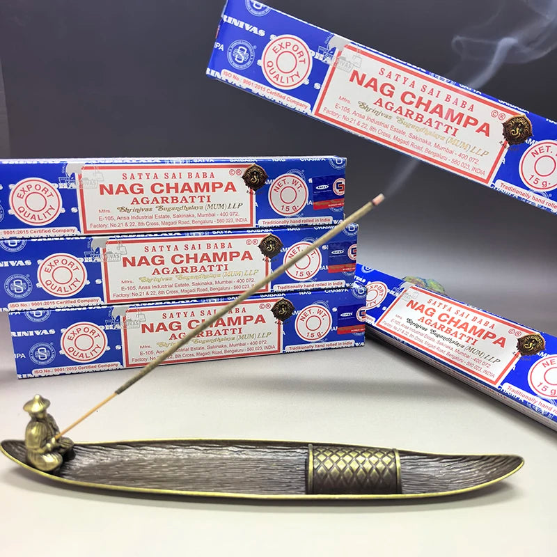 5Boxes Satya NAG Champa Incense Sticks with 1pc Boat Old Men Fishing Incense Holder, for Yoga Meditation ，Home Fragrance Decor Oasis Select