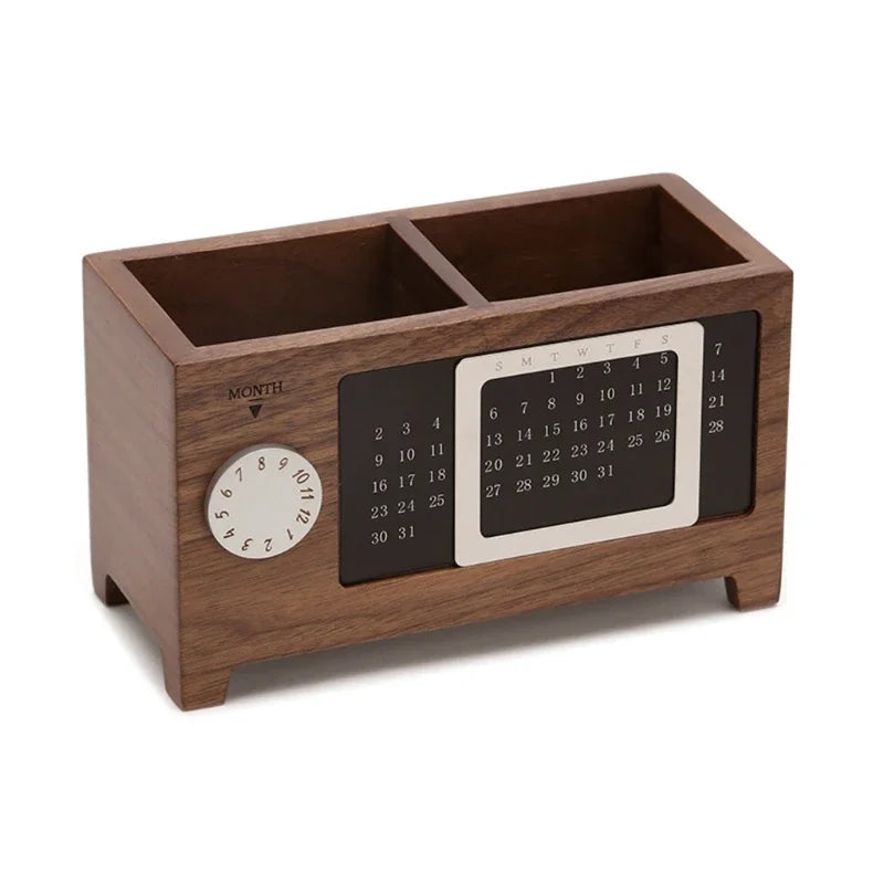Creative Wooden Calendar Pen Holder Multifunctional Desktop Organizer Stationery Pencil Storage Box Remote Control storage Box Oasis Select Peach colored