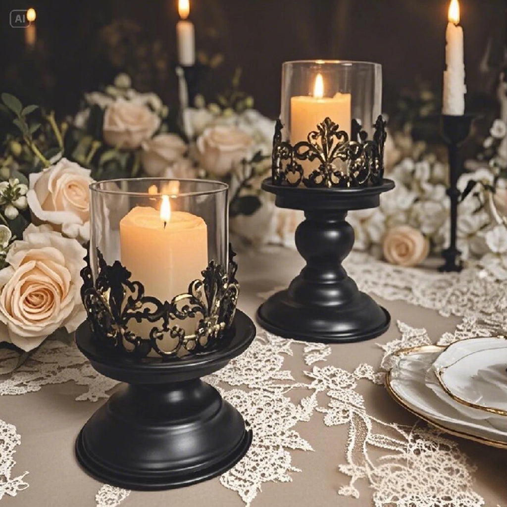 2pcs/set Black Pillar Iron Candle Holders Fits for Christmas Table Decoration As Centerpieces in Living Room,dining Room,mantle Oasis Select