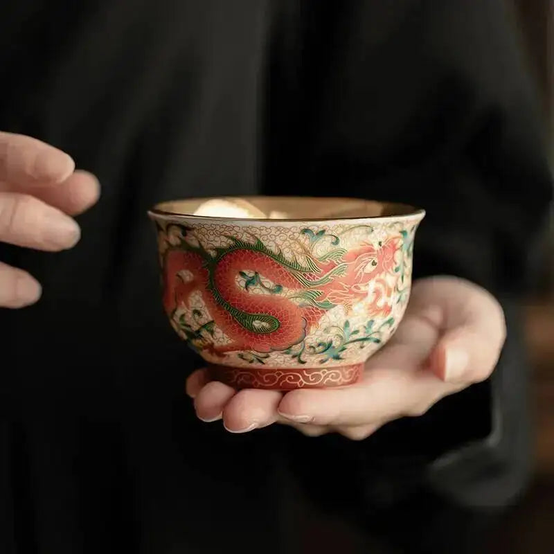 Enamel Color Gilded Tea Cup Dragon And Phoenix Ceramic Master Cup Tea Bowl Handmade Teacup Drinking Tea Cup Oasis Select