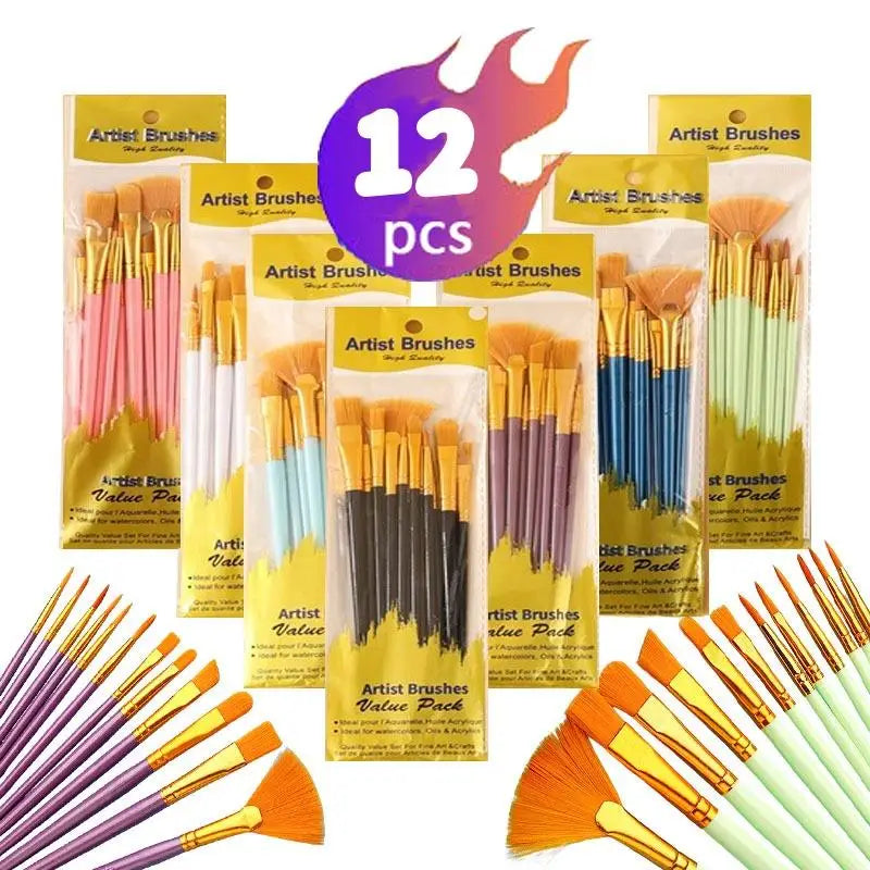 12-Piece Flat Nylon Paint Brush Set – Watercolor, Oil & Acrylic