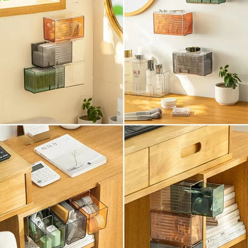 WISH Wall-Mounted Cotton Pad And Swab Organizer Box, Punch-Free Transparent Plastic Cosmetic Storage Container With Drawer Oasis Select