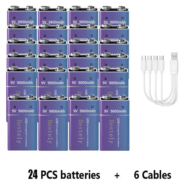 9V Rechargeable Li-ion Battery 9800mAh PP3 6F22 6LR61 006P USB Charging For Smoke Detector Alarm Microphone Toy Oasis Select 24 PCS Batteries