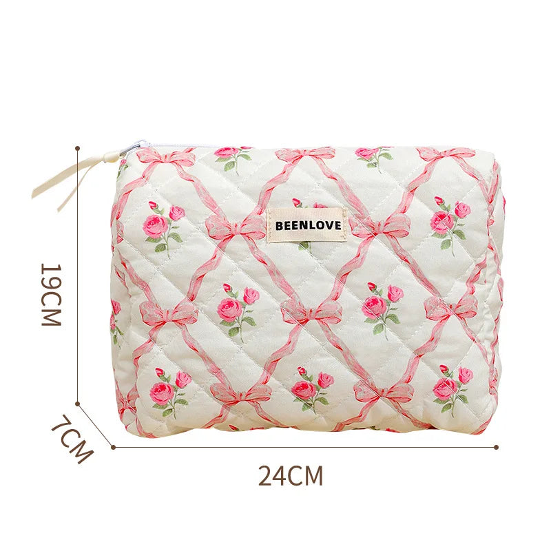 Bow Flower Quilted Makeup Bag – Zipper Cosmetic Organizer
