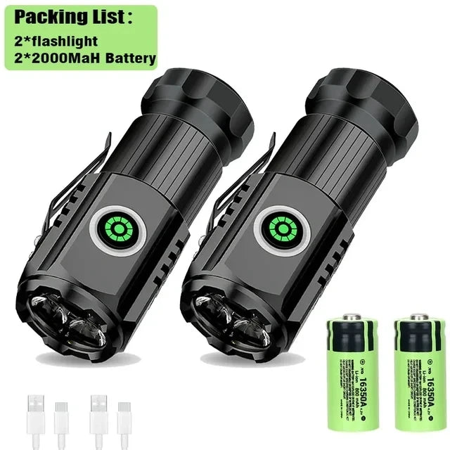 New Upgrade 3 LED Flashlight With RGB Side Lamp Type-C Rechargeable 2000 Lumens Torch Tail Magnet for Camping Hiking Lantern Oasis Select Package B 2pc