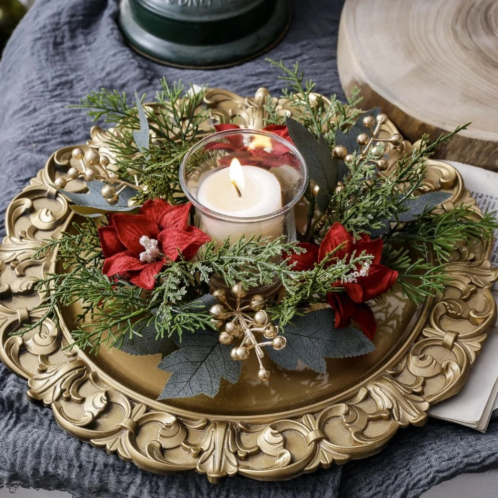 Christmas Candlestick Wreath Red Fruit Artificial Flowers Candle Ring Xmas New Year Table Decoration Candle Holder Garland Oasis Select