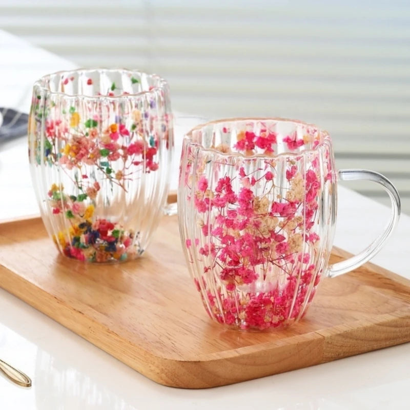 Borosilicate Double-Wall Ribbed Glass Mug, Dried-Flower Heatproof Lovely Cup for Coffee & Tea, Home&Office Gift, Handwash Oasis Select