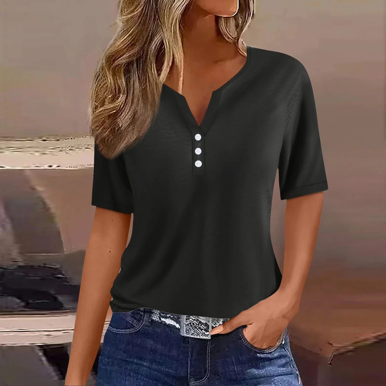 Women Summer Trendy Simple Casual Fashion Button T Shirt V Neck Short Sleeve Solid Loose Pullover Tops Plus Size Ropa De Mujer Oasis Select