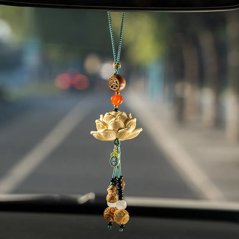 Lotus Car Hanging Ornament Peace Blessing Beaded Tassel Pendant Rearview Mirror Decor Charm For Auto Interior Festival Gift Oasis Select