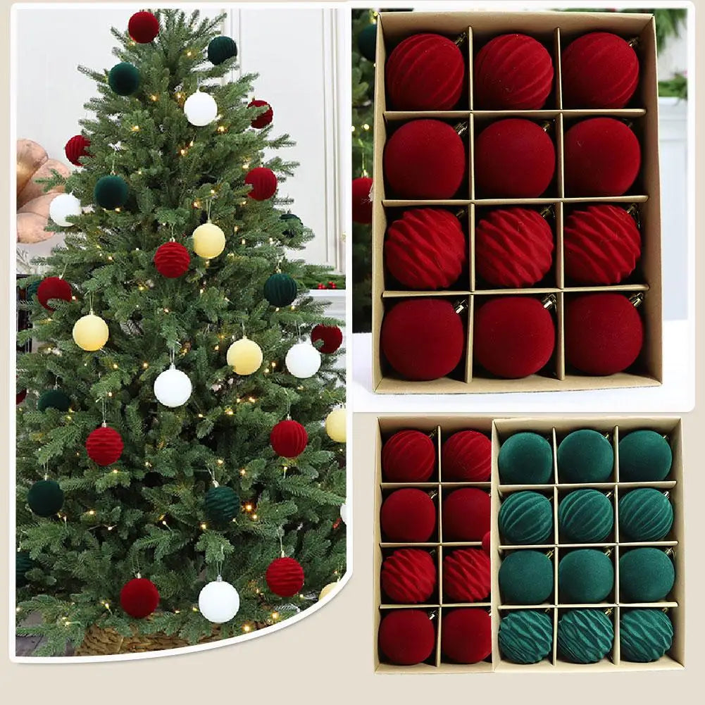Velvet Flocked Christmas Ball Ornaments 12pcs – Green & Red
