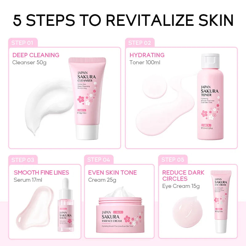 LAIKOU Sakura 5pcs Skin Care Kit Cleanser Toner Serum Eye Cream Essence Cream Moisturizing Beauty Gift Box For Women ﻿ Oasis Select