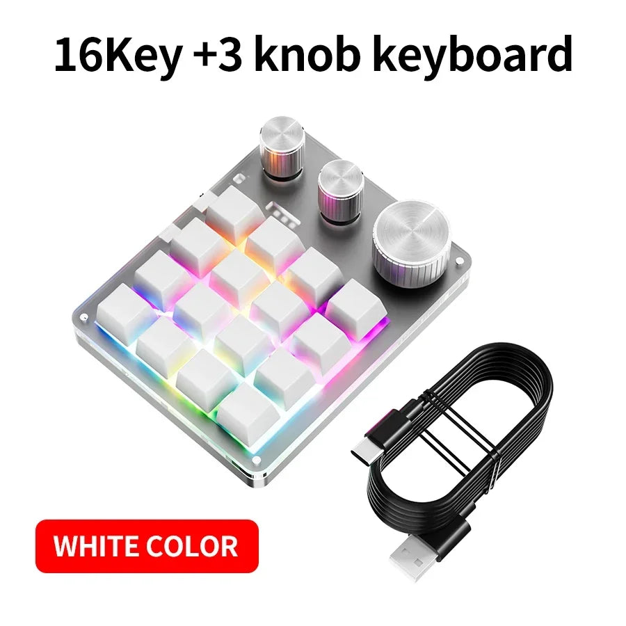 16 Keys 3 Mode Macro Mechanical Keyboard USB RGB Gaming Custom Programming Knob Portable Custom 6Keys 3Knob Switch For Photoshop Oasis Select White NO BT NO 2.4G