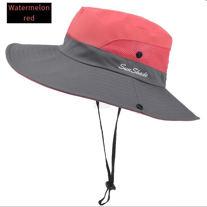 Women's Dual-Tone Sun Hat with Ponytail Hole - Breathable Mesh Waterproof Wide Brim for Beach & Fishing for Spring, Summer Oasis Select Red