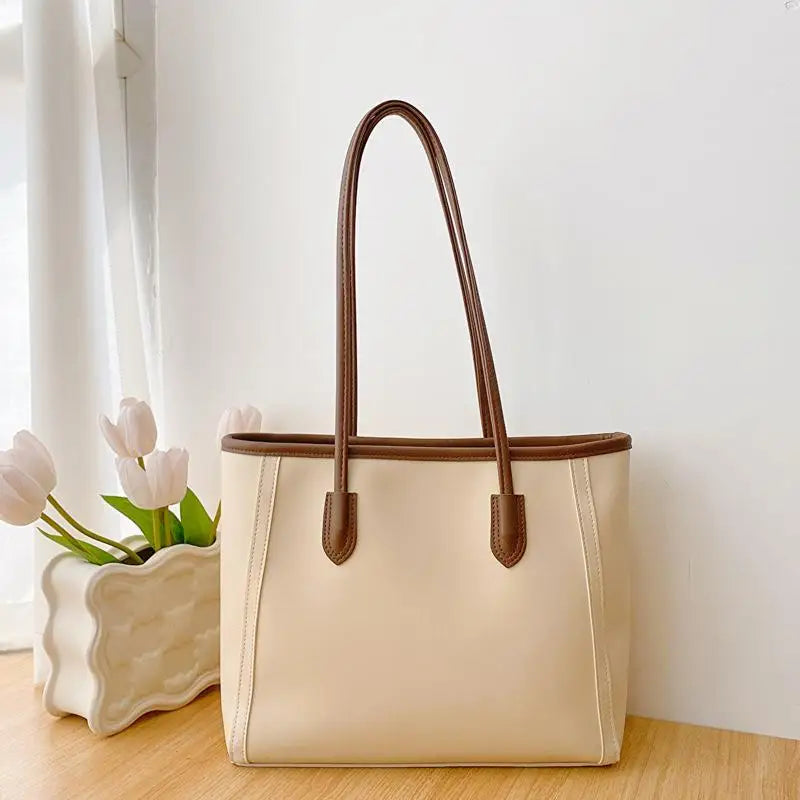 Large Capacity Women's Commuting Tote Bag PU Leather Shoulder Bag for Everyday Activities Oasis Select Beige
