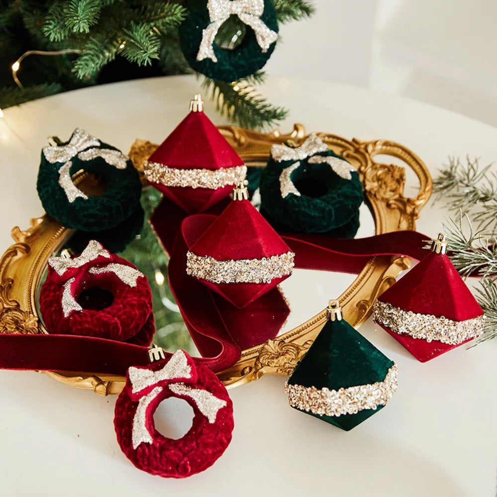 Wine Red Velvet Flocked Christmas Ball Ornaments | Elk Wreath