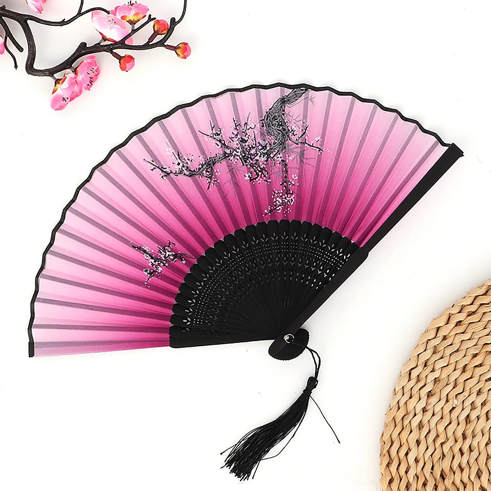 Vintage Silk Folding Fan Chinese Japanese Art Crafts Gift Home Decorations Dance Hand Fan Bamboo Room Decor Wood Fans Oasis Select P One Size