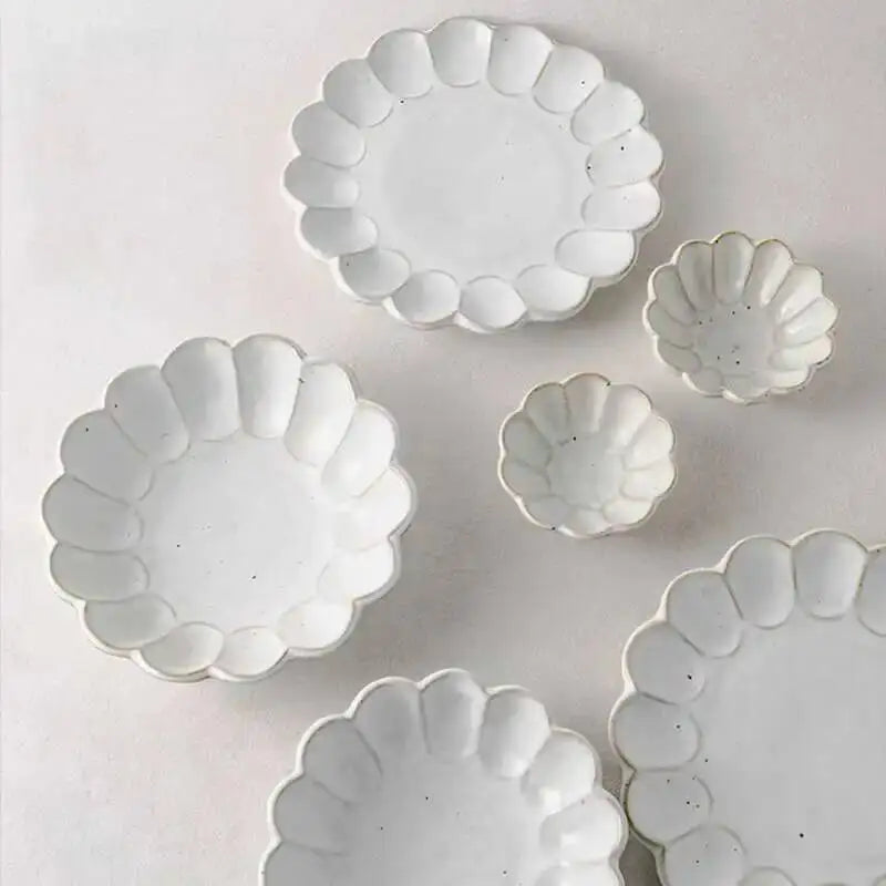 Retro Flower Shape Ceramic Dinner Plate Tableware Steak Dish Fish Long Tray Salad Rice Soup Noodles Bowl Oasis Select