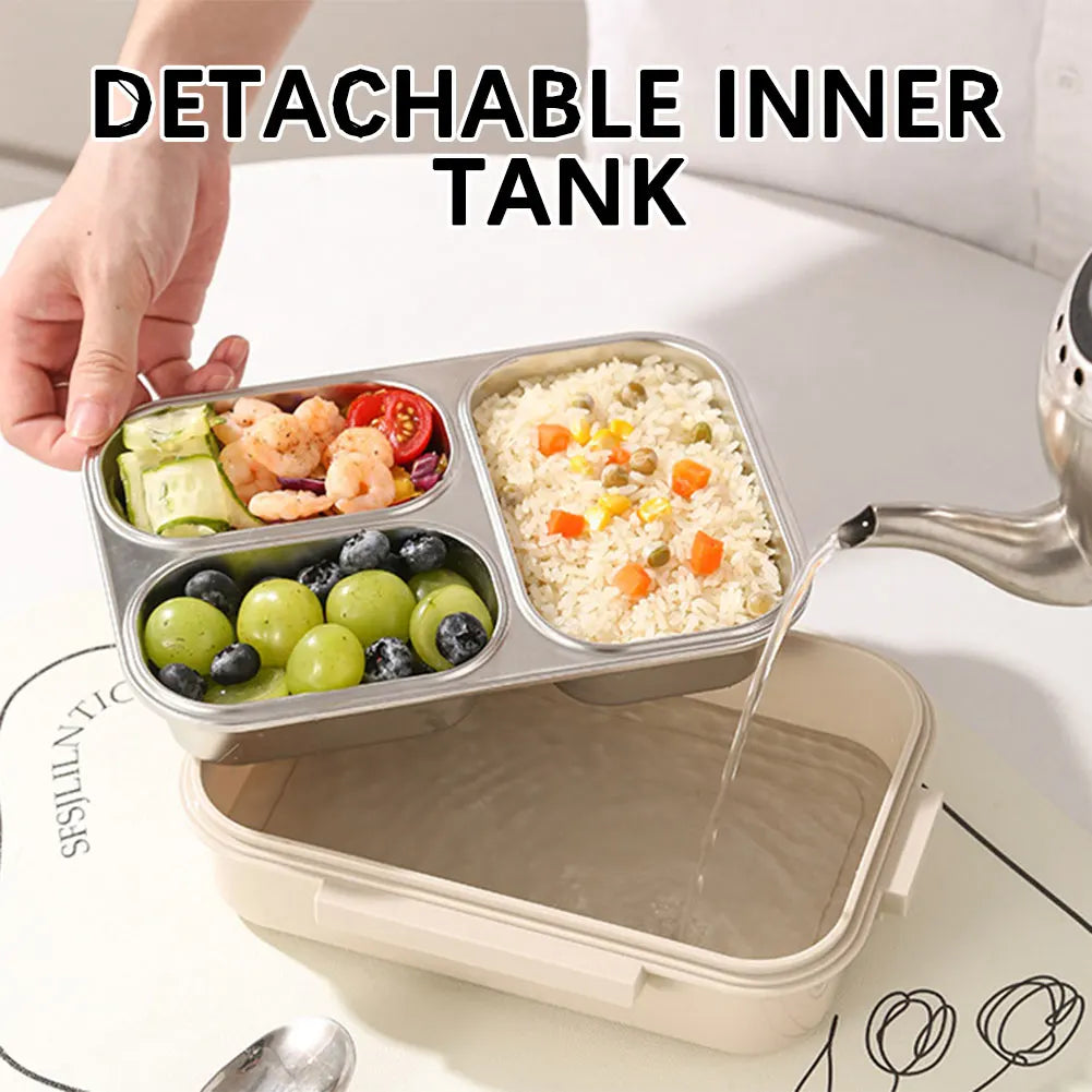 Stainless Steel Bento Lunch Box – 3 Compartments & Soup Cup