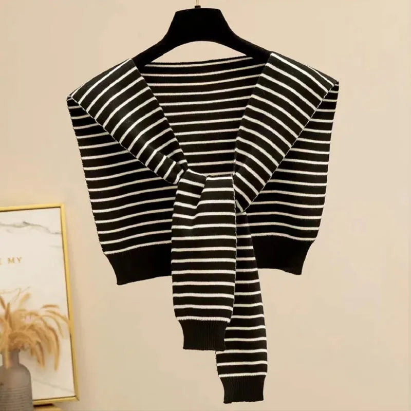 Knitted Stripe Capelet for Women Summer Air Conditioner Neck Cover Shawl Casual Lightweight Shoulder Wrap High End Vest Oasis Select Black C 1PC