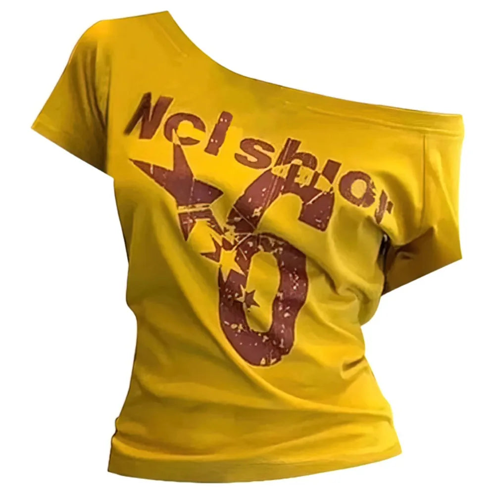 Trendy Y2k Off Shoulder Top Letter Print Body Basic Crop Top Skew Collar Summer Top Vintage Style Oasis Select Yellow XL