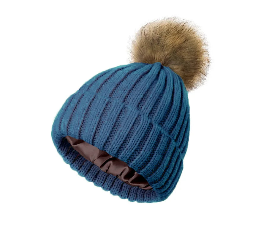 Adult soft knitted hat with no brim, reverse mouth hat, satin lining, wool ball hat, warm knitted hat without label Oasis Select 9