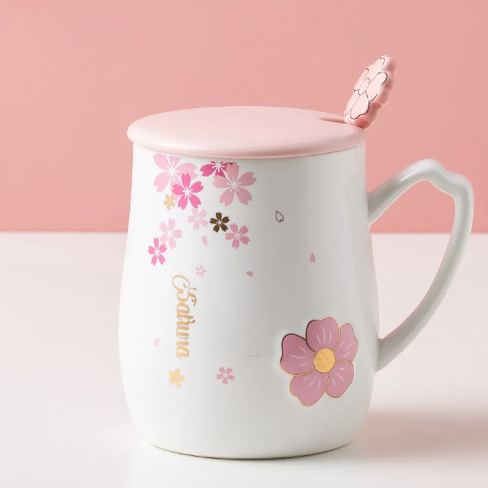Relief Cherry Blossom Ceramic Mug With Lid Spoon Heat-resistant Mugs Milk Coffee Cup Couple Tea Juice Cups Drinkware Oasis Select 2