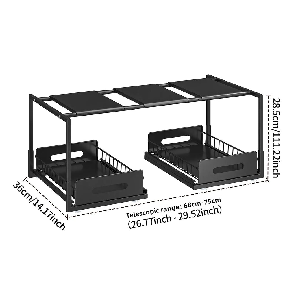 Kitchen Lower Sink Shelf Layered Rack in Cabinet Bathroom Basket Household Multifunctional Retractable Storage Rack Oasis Select black