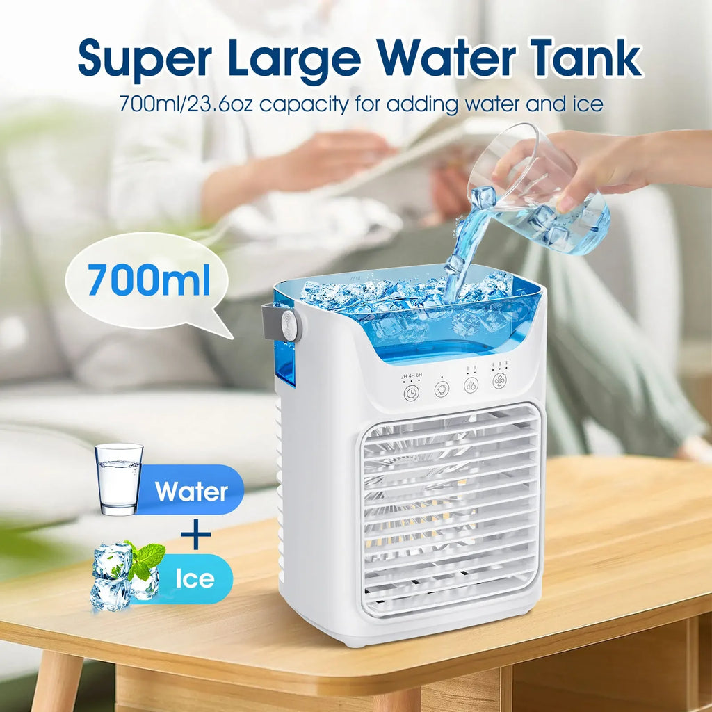 Portable Desktop Air Cooler Fan – 600ml Tank, RGB, Timer