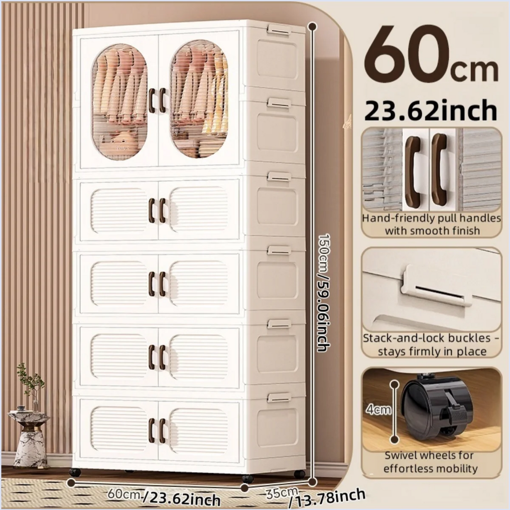 60cm Double-Door Foldable Wardrobe with Wheels - Large Capacity Magnetic Closure Storage for Clothes/Quilts, Bedroom/Living Room Oasis Select 1 cabinet 4 drawers