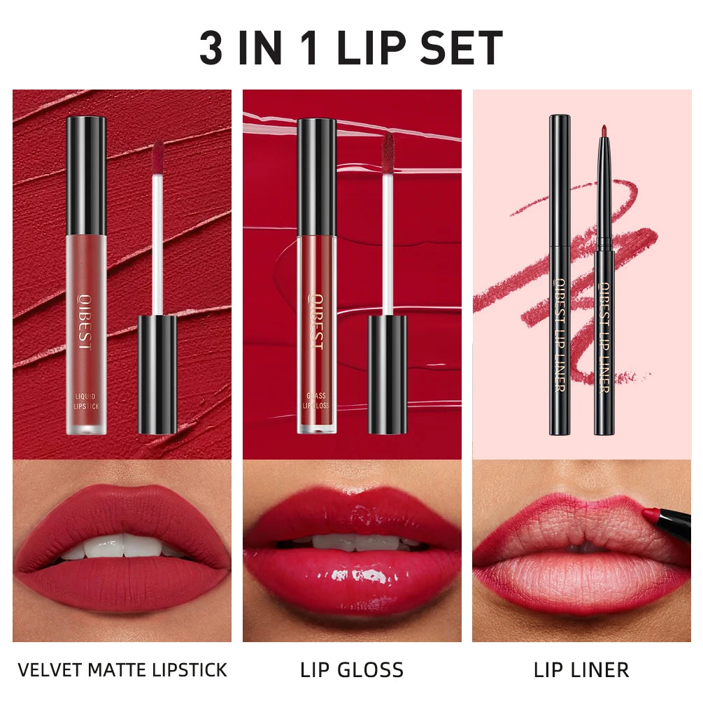 QIBEST 3-in-1 Matte Lipstick, Lip Liner & Gloss Set