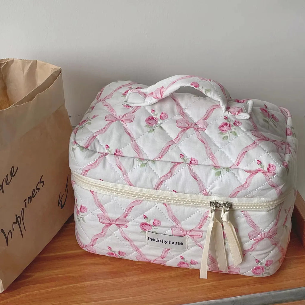 Bow Flower Quilted Makeup Bag – Zipper Cosmetic Organizer