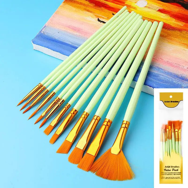 12-Piece Flat Nylon Paint Brush Set – Watercolor, Oil & Acrylic