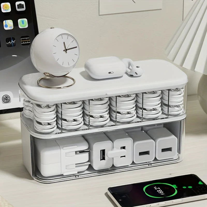 Clear Cable Organizer Box With Lid Desktop Cord Storage For Chargers Office Desk Tidy Holder Produce Fridge Container Basket Oasis Select