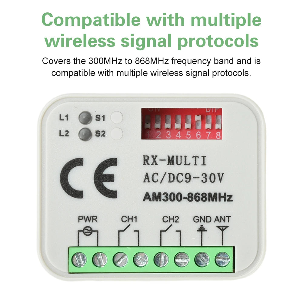 Universal Garage Door Remote Control Receiver 300-868MHz AC/DC 9-30V Switch Module Relay For 433MHz 868MHz Oasis Select
