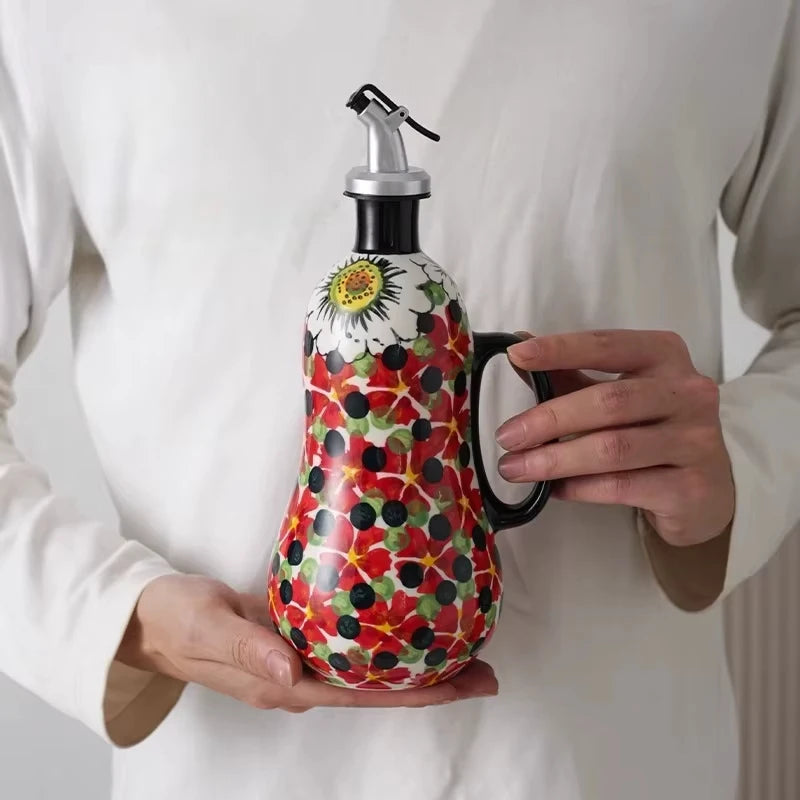 Flowers Plants Ceramic Olive Oil Bottle Soy Sauce Vinegar Multifunctional Kitchen Seasoning Drainage Bottle Kitchen Accessories Oasis Select