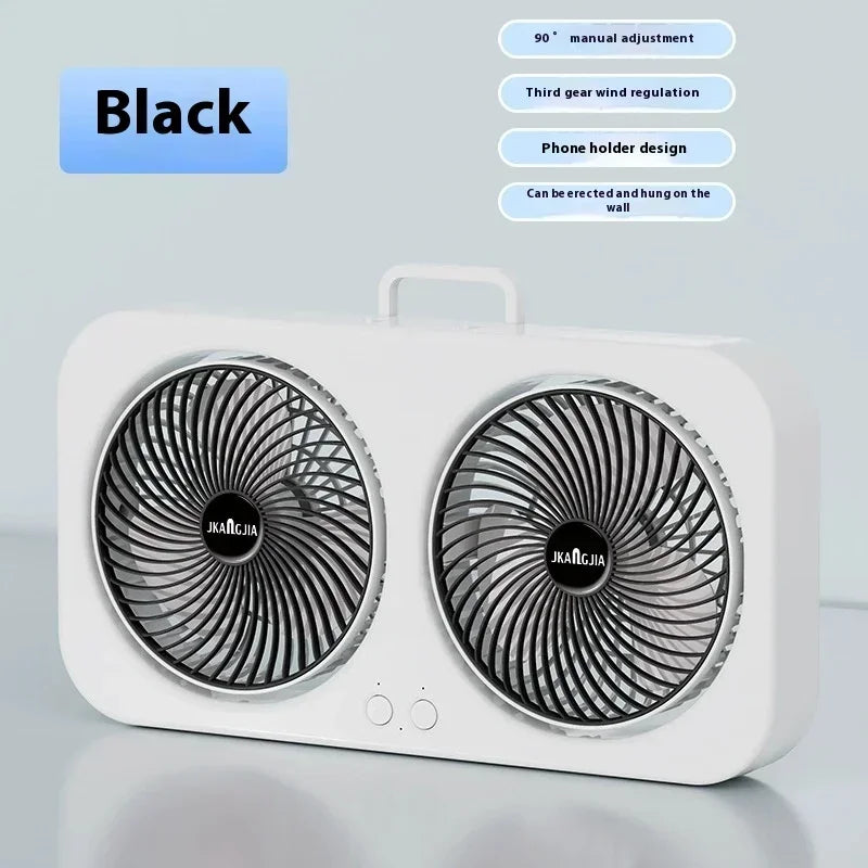 Dual Head Wall Mountable Desk Fan USB Rechargeable 3 Speed Quiet Portable with Large Battery for Living Room Office Dorm Oasis Select Black
