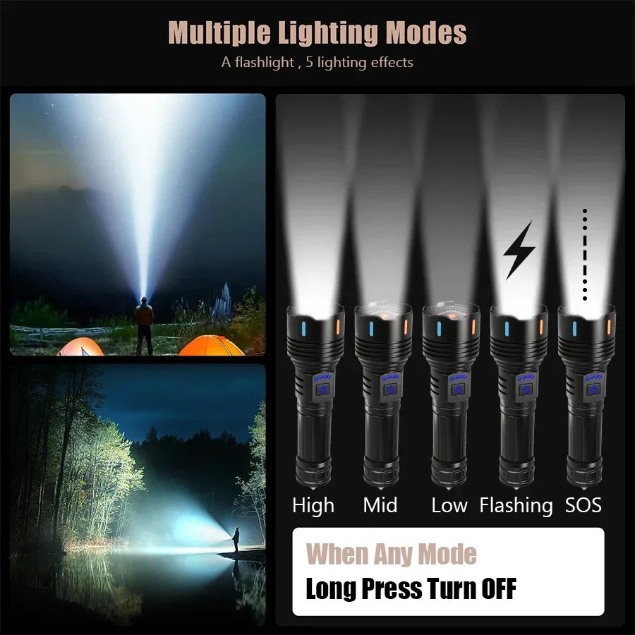 100000LM Ultra Bright LED Flashlight Rechargeable with Flame Ignition&Window Breaker Tactic Torch for Outdoor Camping Adventure Oasis Select