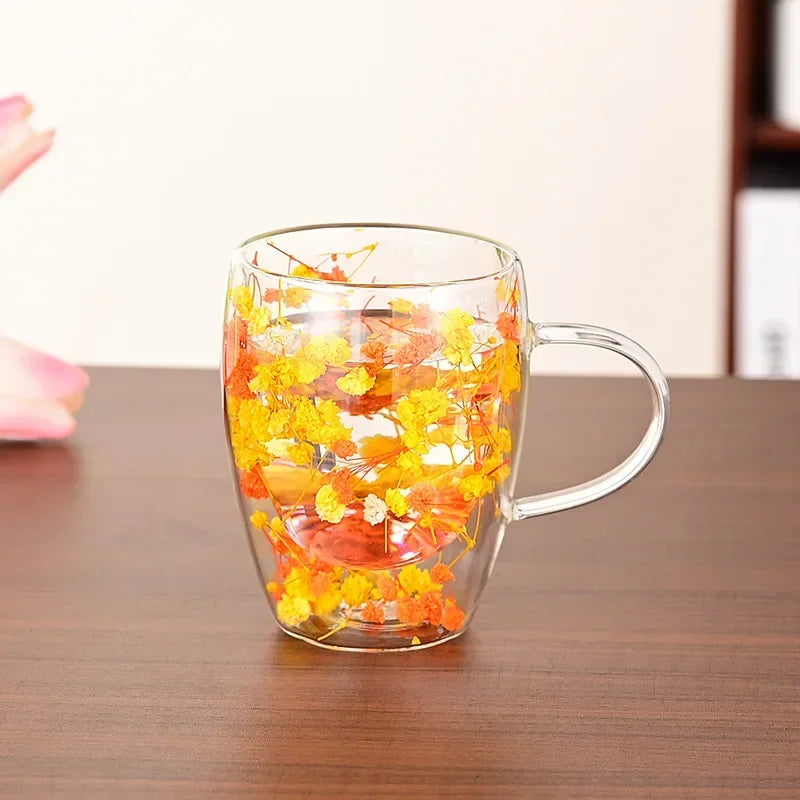 1PCS 300ml Double Wall Glass Cup with Handle Dried Flower Decorated Ins StyleDurable Coffee Milk Mug Heat Resistant Tea Cups Oasis Select Yellow-350ml 300ml