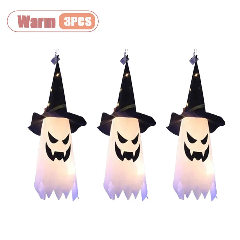 1-5PCS Halloween Wizard Hat Ghost Hanging Decoration Spooky Room Ambiance for Ghost Festival Party Scary Decor Flash Pendant Oasis Select Warm Light-3PCS Small