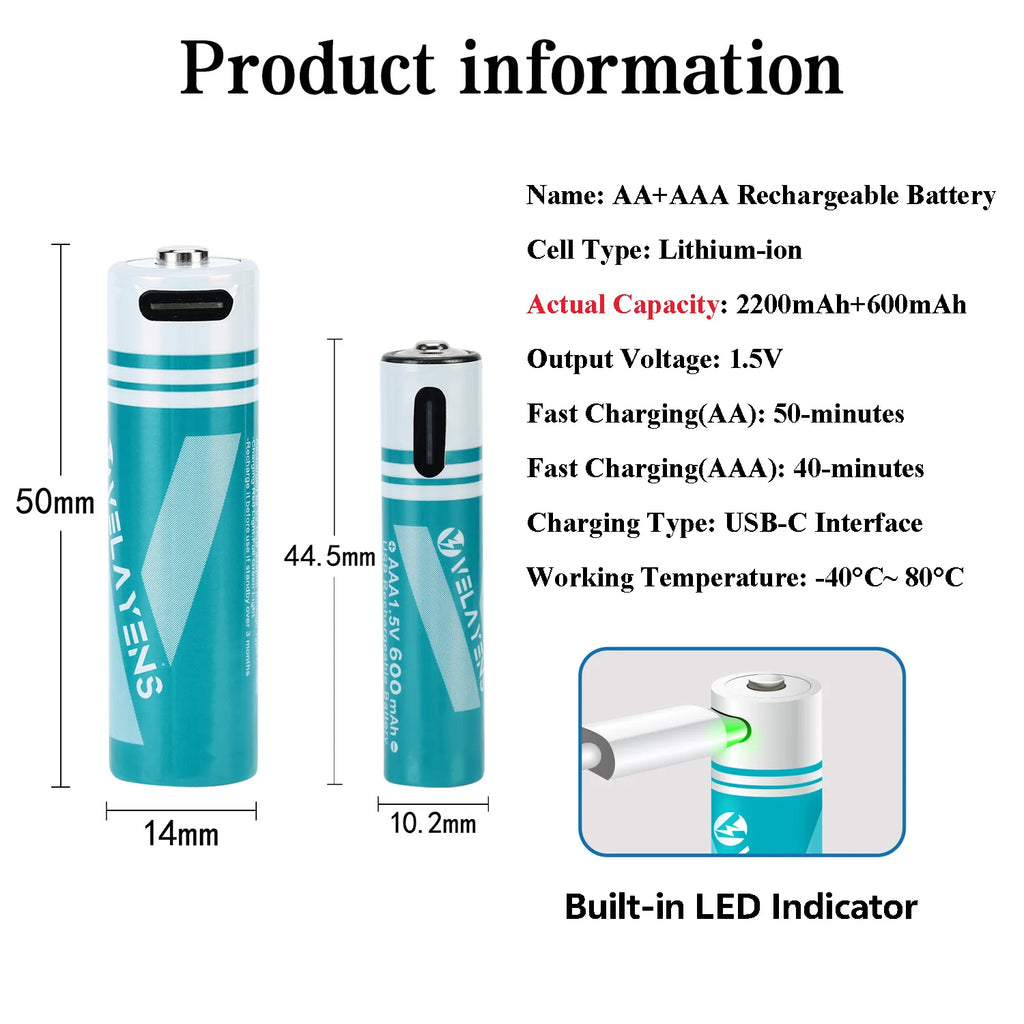 1.5V USB Rechargable Lithium Battery AA 2200mAh + AAA 600mAh Actual Capacity Fast Charging 2000+ Charge Cycles Oasis Select