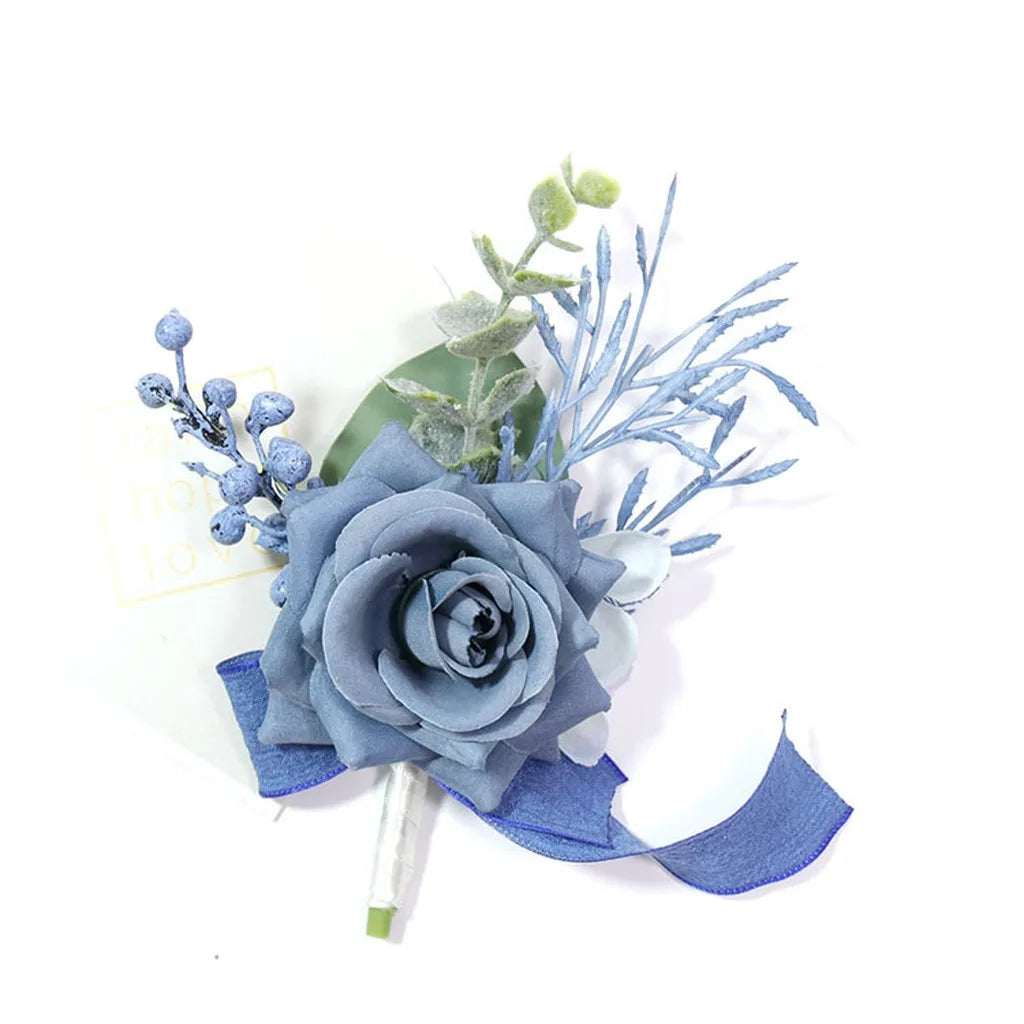 Blue Wedding Ribbion Wrist Corsage Boutonnière Fleur Artificielle Mariage Men Groom Fiori Da Polso Oasis Select Dark Blue-Corsage