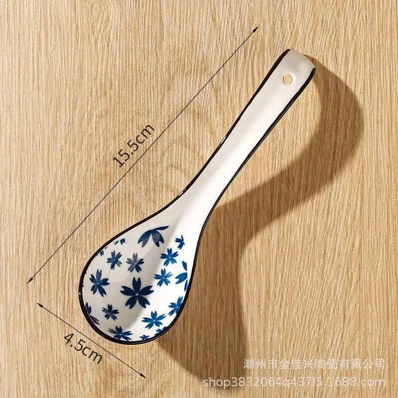 Japanese-style Small Blue And White Ceramic Spoon With Underglaze Decoration, Extended Length For Soup And Noodle Serving Oasis Select 10