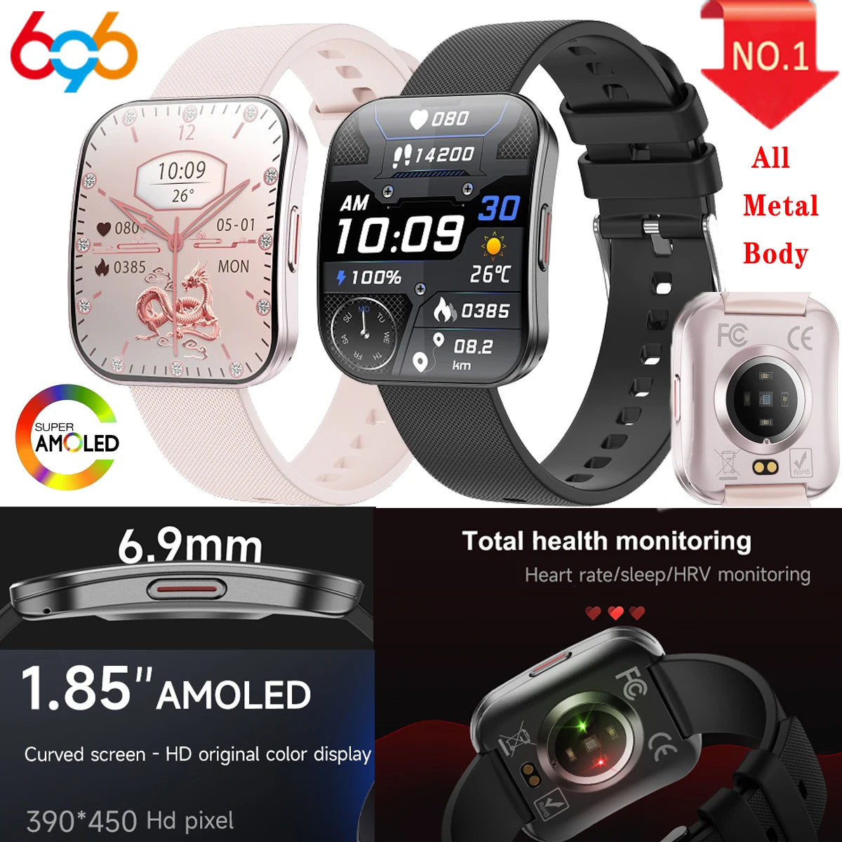 6.9mm Amoled Ultra-thin Curved Waterproof Smartwatch Women BT Call Smart Watch Men All Metal Body Sleep 24h Health Monitor Sport Oasis Select