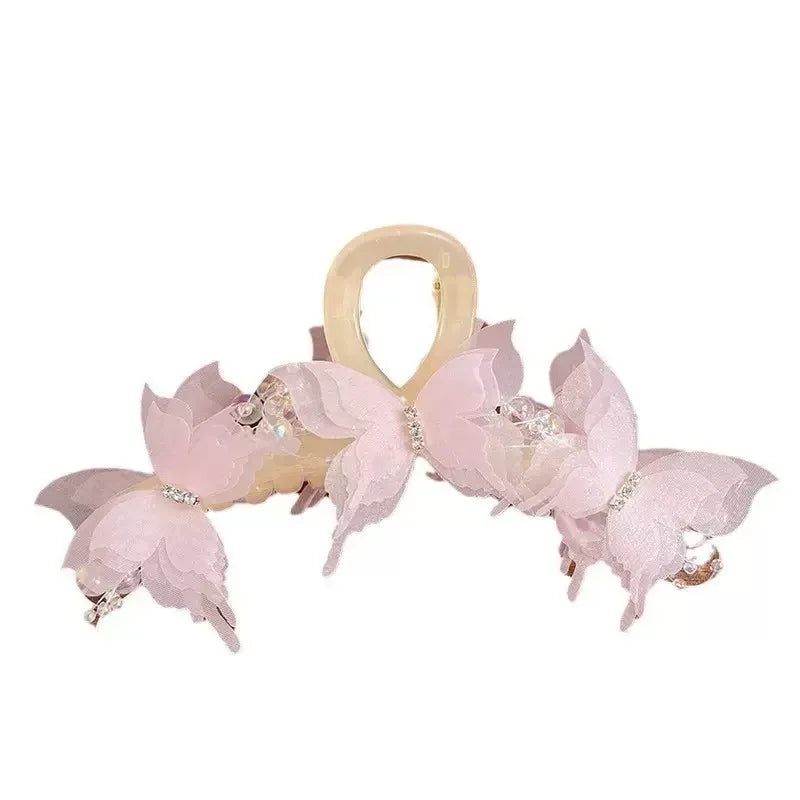 Light Blue/Pink Sheer Butterfly Claw Clip | Pearl Rhinestone Fairycore Hair Grabber | Elegant Romantic Hair Accessory Oasis Select